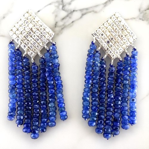 Antique Look Blue Sapphire Beads Earrings With Light Brown Diamonds In 925 Silver - Diamond Cut: Excellent