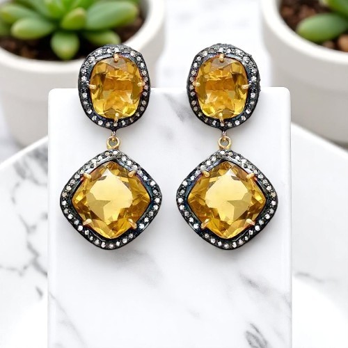 Gold Plated Sterling Silver Citrine Earrings With White Diamond | Victorian Style Dangle Earrings