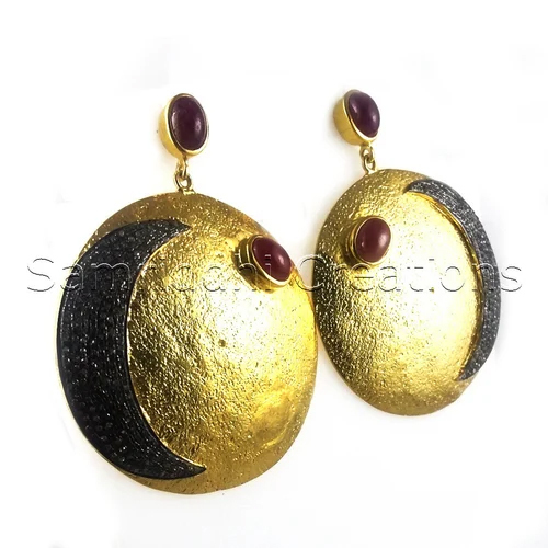 Crescent Ruby Sterling Silver Diamond Earrings