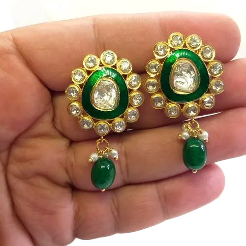 Green Enameled Handmade Moissanite Polki Stud Earrings