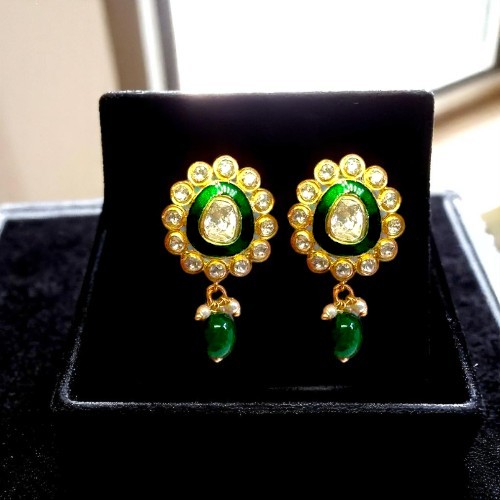 925 Silver Moissanite Polki Earrings with Meenakari | Gold Plated 