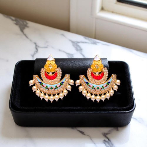 Gold Plated Sterling Silver Polki Earrings with Ruby, Emerald, Pearl 