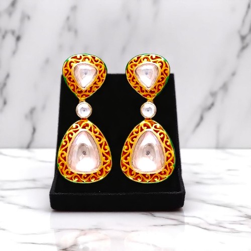 Traditional Gold Plated Moissanite Polki Earrings in 925 Sterling Silver 
