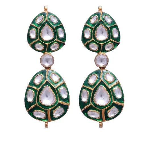 Green Meena Fine Earring Crafted In Sterling Silver With Polki
