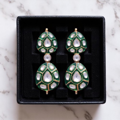 Green Meena Fine Earring Crafted In Sterling Silver With Polki