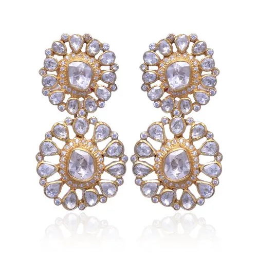 Traditional High Quality Moissanite Polki Gold Over Sterling Silver Earring
