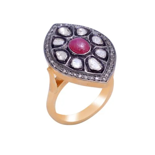 Ruby Diamond Polki Sterling SIlver Ring