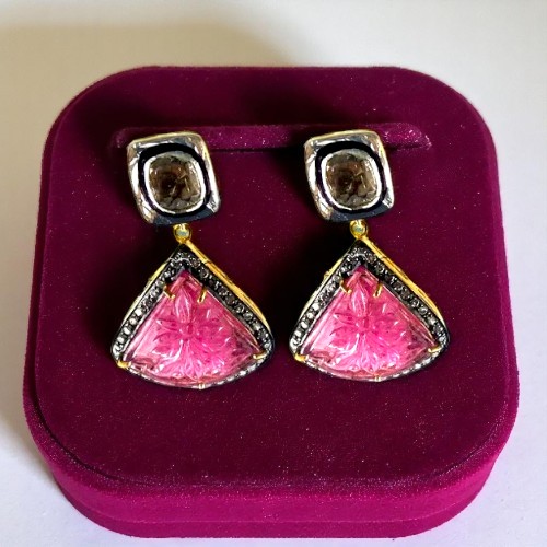 Diamond Polki Earrings in 925 Sterling Silver |Rose Cut | Gold Plated Finish