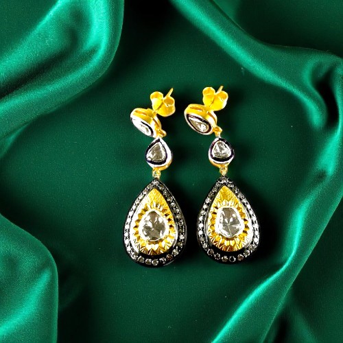 Natural Diamond Polki Earrings in 925 Sterling Silver | 3 Inch Long, Gold Plated, Designer Style
