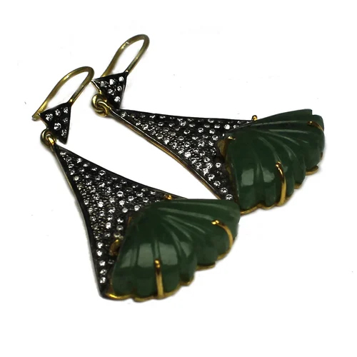 Carved Gemstone And Pave Diamond Silver Earrings