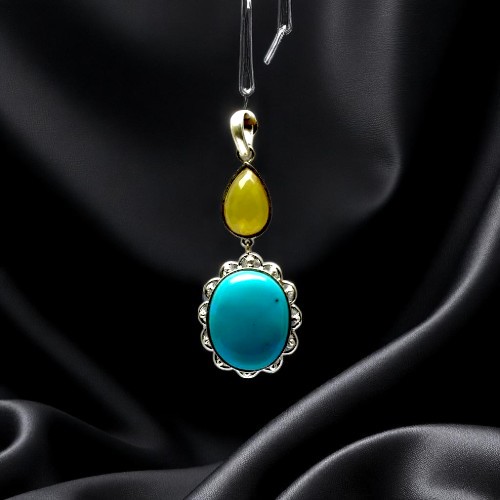 Turquoise & Citrine Pendant In 925 Silver | Handmade High Polish Designer Pendant - Gender: Women
