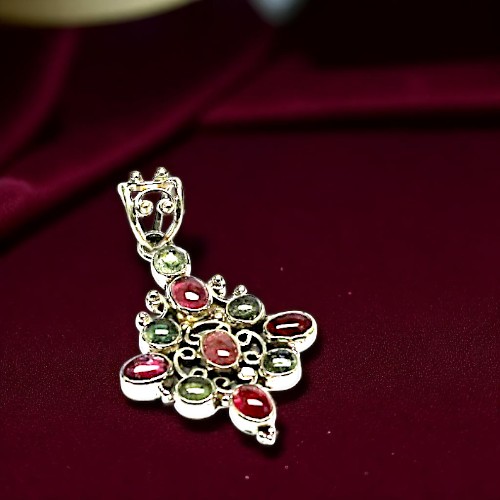 Oxidized Multi Tourmaline Pendant | Handmade 925 Sterling Silver Antique Jewelry