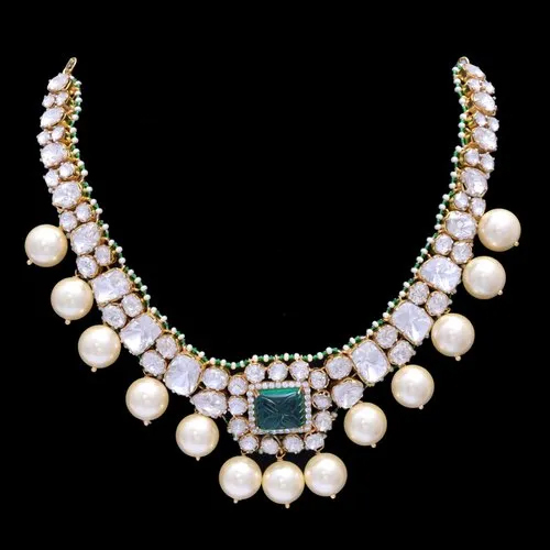 925 Sterling Silver Moissanite Polki Necklace Set With Green Carved Stone