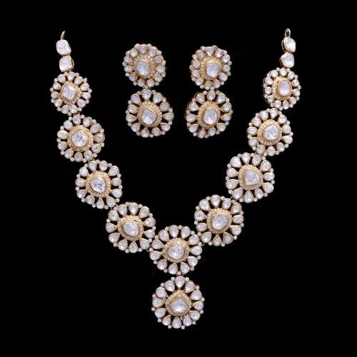 Traditional Moissanite Polki Gold Over Silver Necklace - Occasion: Wedding