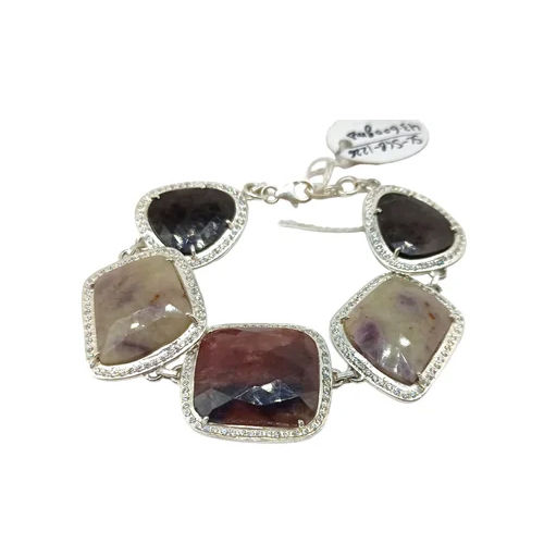 925 Sterling Silver Natural Ruby Grey Sapphire Bracelet - Shape: Emerald