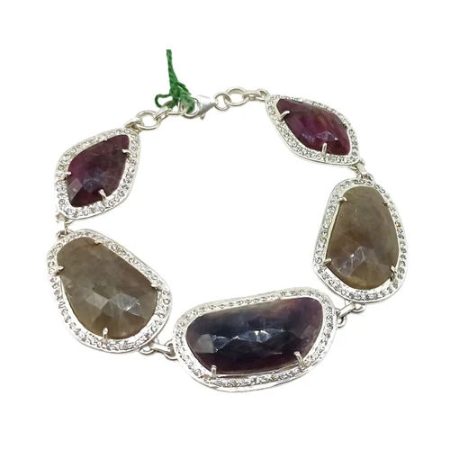 925 Sterling Silver Natural Grey Sapphire Chain Bracelet - Shape: Emerald