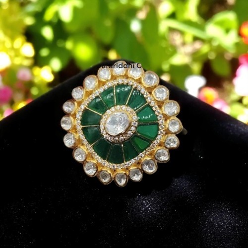 Gold Plated Silver Ring with Moissanite and Lab-Created Emerald