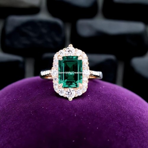 Certified Moissanite & Lab-Grown Emerald Ring in Gold Plated 925 Sterling Silver