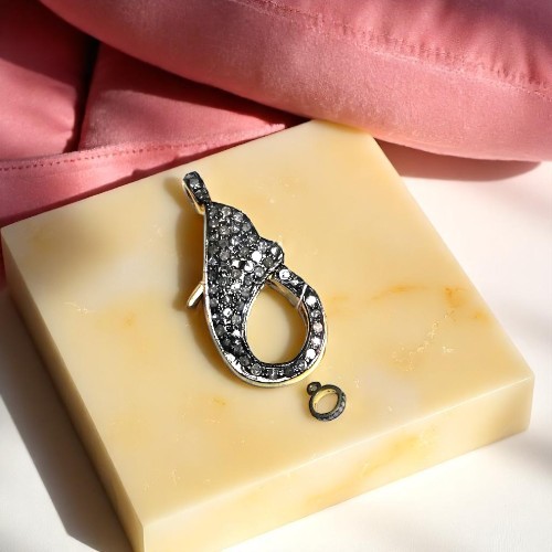 Pave Set Natural Diamond Clasp Lock | Rhodium Plated Sterling Silver | Antique Finish - Diamond Shape: Emerald Cut