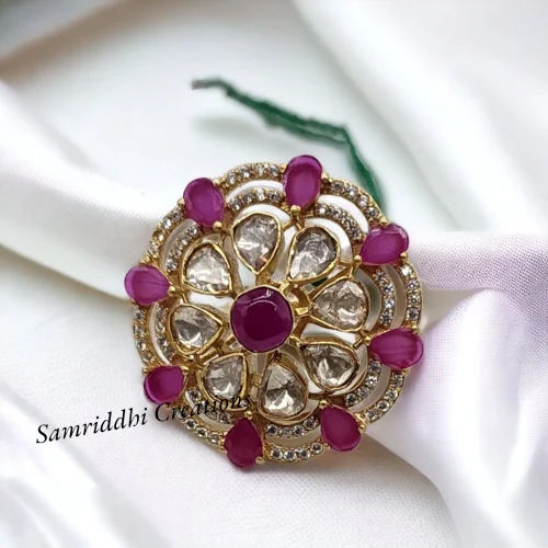 92.5 Silver Diamond Polki Ruby Ring - Diamond Cut: Excellent