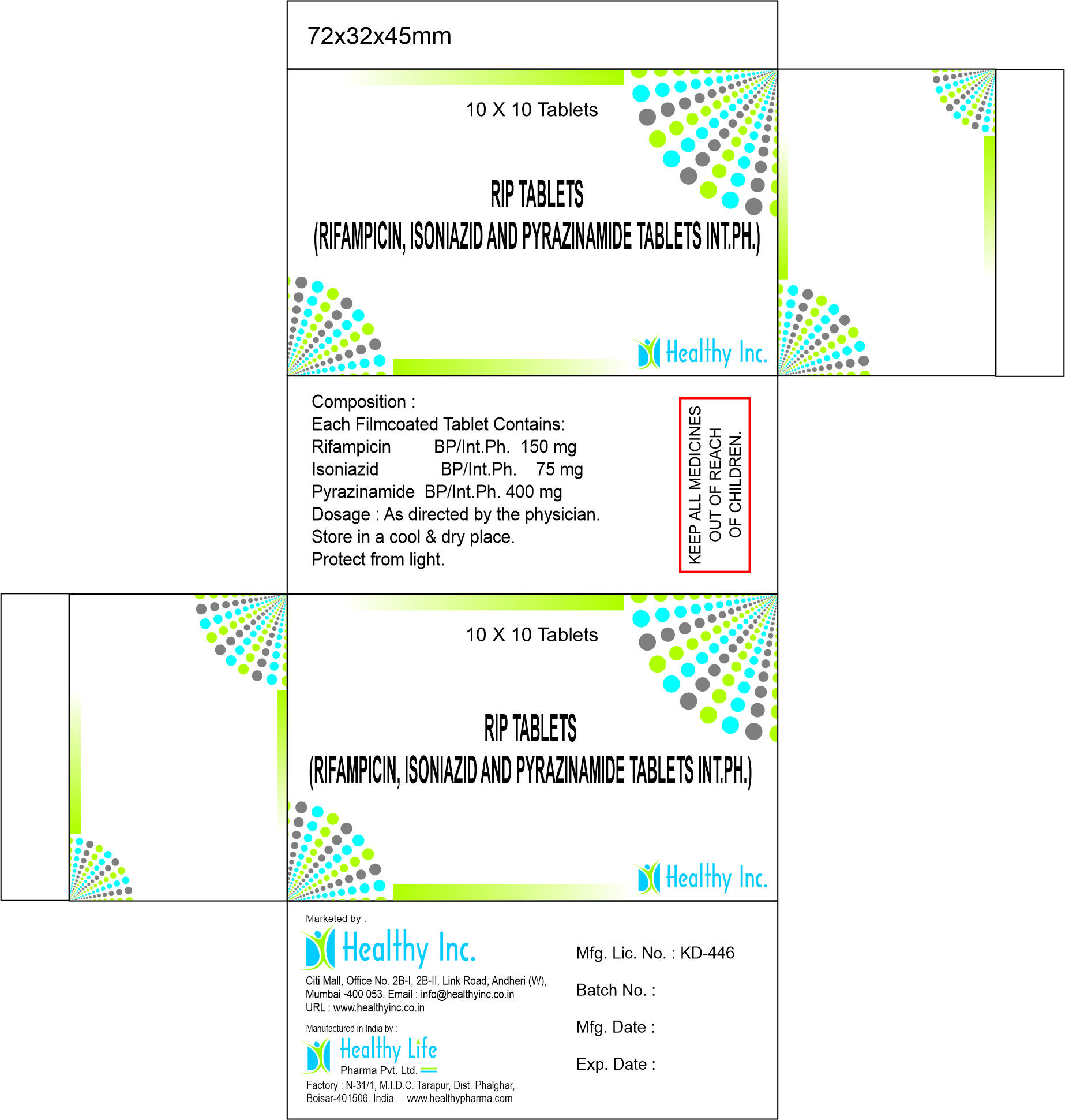 Rifampicin 150mg + Isoniazid 75mg + Pyrazinamide 400 mg tablet