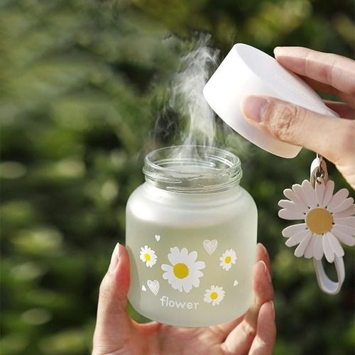 Mitsico Daisy Frosted Glass Water Bottle With Lid - 300ml, Portable Rope, Small Coffee Mug Cute Juice Jar Flower Tea Drinking Cup