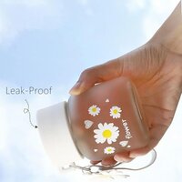 Mitsico Daisy Frosted Glass Water Bottle with Lid - 300ml, Portable Rope, Small Coffee Mug Cute Juice Jar Flower Tea Drinking Cup