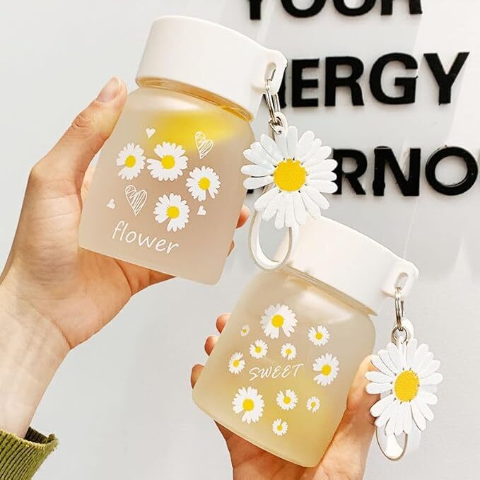 Mitsico Daisy Frosted Glass Water Bottle with Lid - 300ml, Portable Rope, Small Coffee Mug Cute Juice Jar Flower Tea Drinking Cup