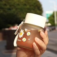 Mitsico Daisy Frosted Glass Water Bottle with Lid - 300ml, Portable Rope, Small Coffee Mug Cute Juice Jar Flower Tea Drinking Cup