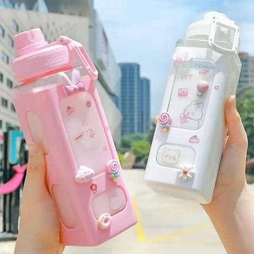 Mitsico Kawaii Water Bottle Polyethylene Plastic Water Bottle With Straw And Strap Cute Large Water Bottles With Stickers Aesthetic Leakproof Square Drinking Bottle