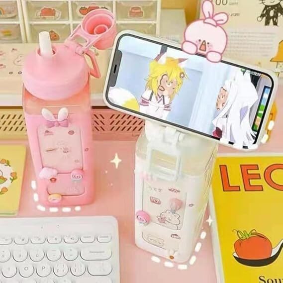 Mitsico Kawaii Water Bottle - Abs Plastic, Single Cavity, Multi-color | Stylish Square Shape, Leak-proof Design & Adjustable Shoulder Strap