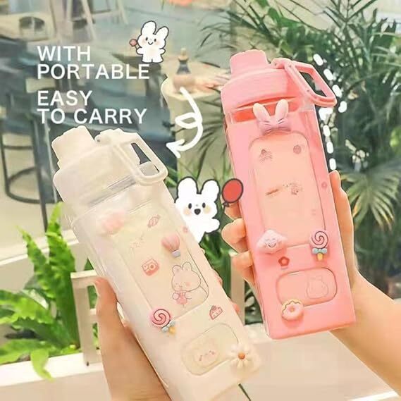 Mitsico Kawaii Water Bottle - Abs Plastic, Single Cavity, Multi-color | Stylish Square Shape, Leak-proof Design & Adjustable Shoulder Strap