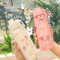 Mitsico Kawaii Water Bottle Polyethylene Plastic Water Bottle With Straw And Strap Cute Large Water Bottles With Stickers Aesthetic Leakproof Square Drinking Bottle