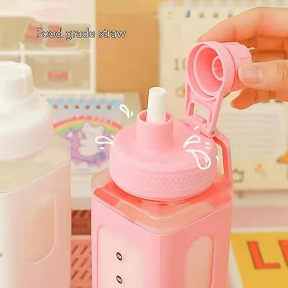 Mitsico Kawaii Water Bottle - Abs Plastic, Single Cavity, Multi-color | Stylish Square Shape, Leak-proof Design & Adjustable Shoulder Strap