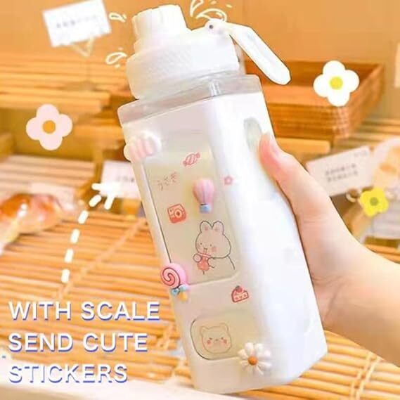 Mitsico Kawaii Water Bottle Polyethylene Plastic Water Bottle With Straw And Strap Cute Large Water Bottles With Stickers Aesthetic Leakproof Square Drinking Bottle