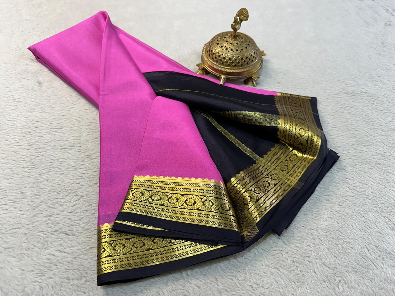 Heavy Silk Saree - Pure Crepe Mysore Silk, 120gsm Thickness, Gold Weaving Peacock Border, Elegant Contrast Blouse, Chit Pallu, Dry Clean Only