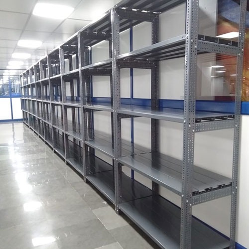 Slotted Angle Rack - Mild Steel, Custom Sizes Available, Dark Grey, Double Sided Shelves, 5 Layers, 50 Kg/hr Capacity, Powder Coated Surface | Ideal For Industrial Storage, Godowns, And Shops