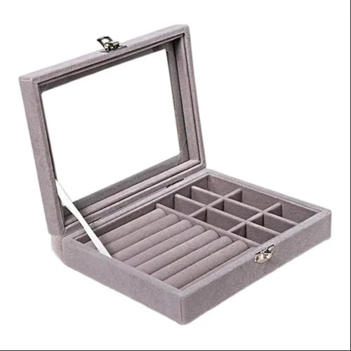 Transparent Velvet Jewellery Organiser Box - Leather Material, 20 cm x 15 cm x 4.5 cm Size | Transparent Lid, Ring Fit Type, Velvet Lining
