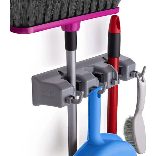 3 Slot 4 Hook Wall Mounted Mop And Broom Holder - Color: Grey