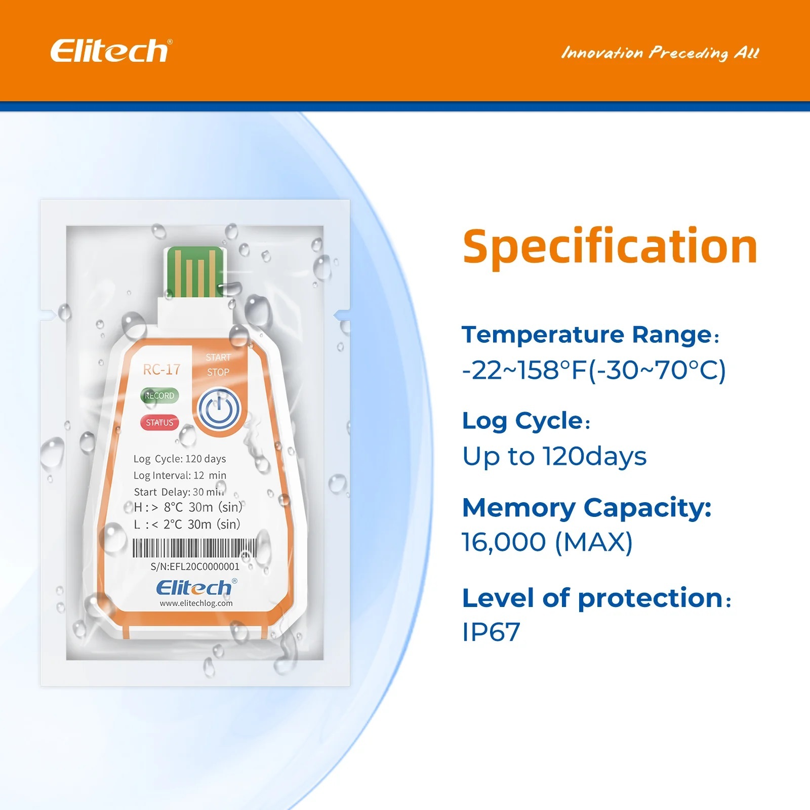 Elitech RC-17 Disposable Single-Use NFC Temperature Recorder Data Logger USB PDF Report 2-Color Indicator