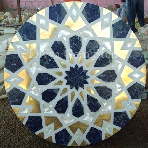 Lapis And Brass Table Top  Inlay In Marble - Color: Different Available