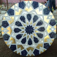 Lapis And Brass Inlaid Marble Table Top - Standard Size, Customizable Colors & Durable Design For Elegant Home Decoration