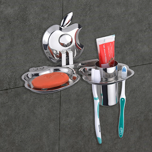 Soap Dish With Tooth Brush Holder - Stainless Steel, Apple-Shaped, Glossy Silver Finish | Durable, Wall-Mounted Design, Easy to Clean, Space-Saving Solution