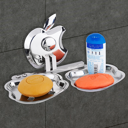 Double Soap Dish - Stainless Steel, Apple-Shaped Design in Glossy Silver Finish | Wall Mounted, Holds Two Bars of Soap