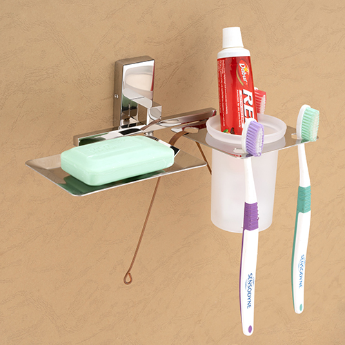 Soap Dish With Tooth Brush Holder - Stainless Steel, 5.3x3.5 Inches, Glossy Silver Finish | Wall Mounted Design, Holds Up to Four Toothbrushes, Durable and Rust-Resistant