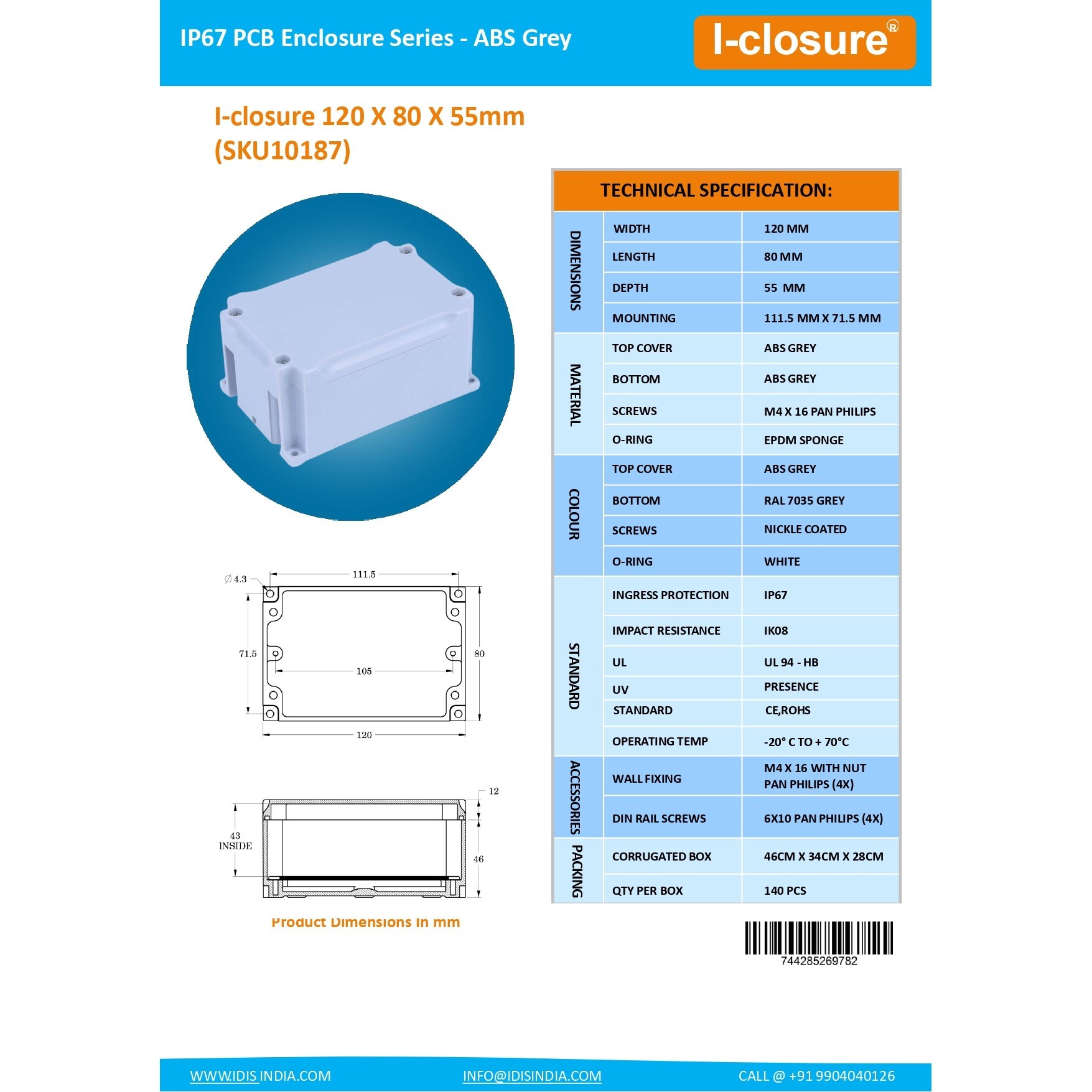 ABS Enclosure 120 x 80 x 55 mm Grey IP67
