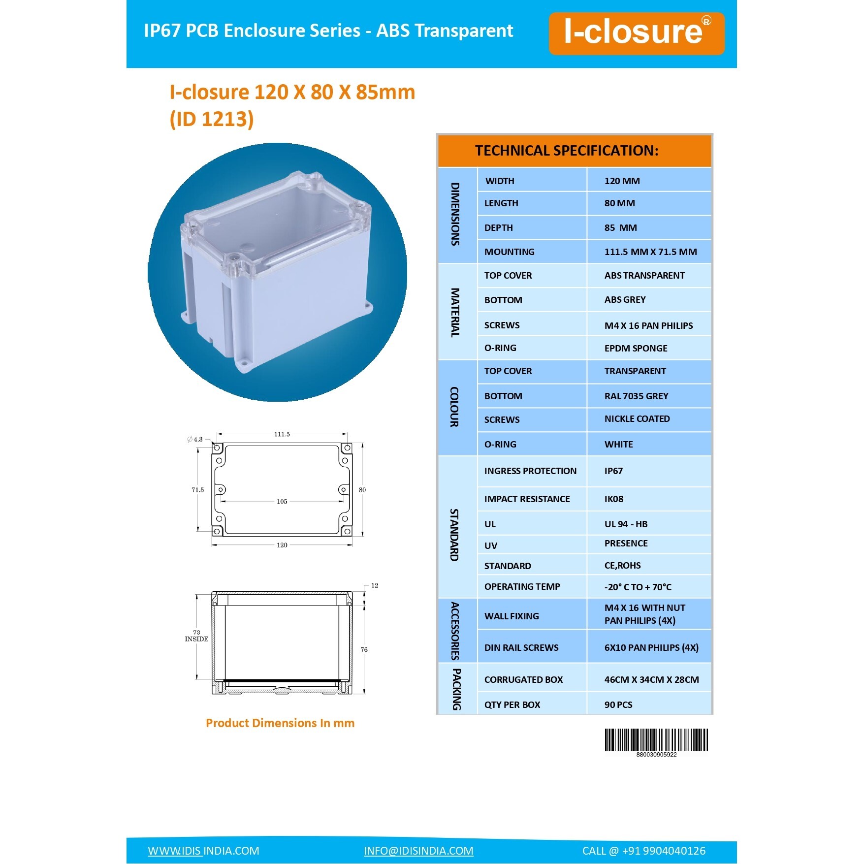 ABS Enclosure 120 x 80 x 85 mm Clear IP67