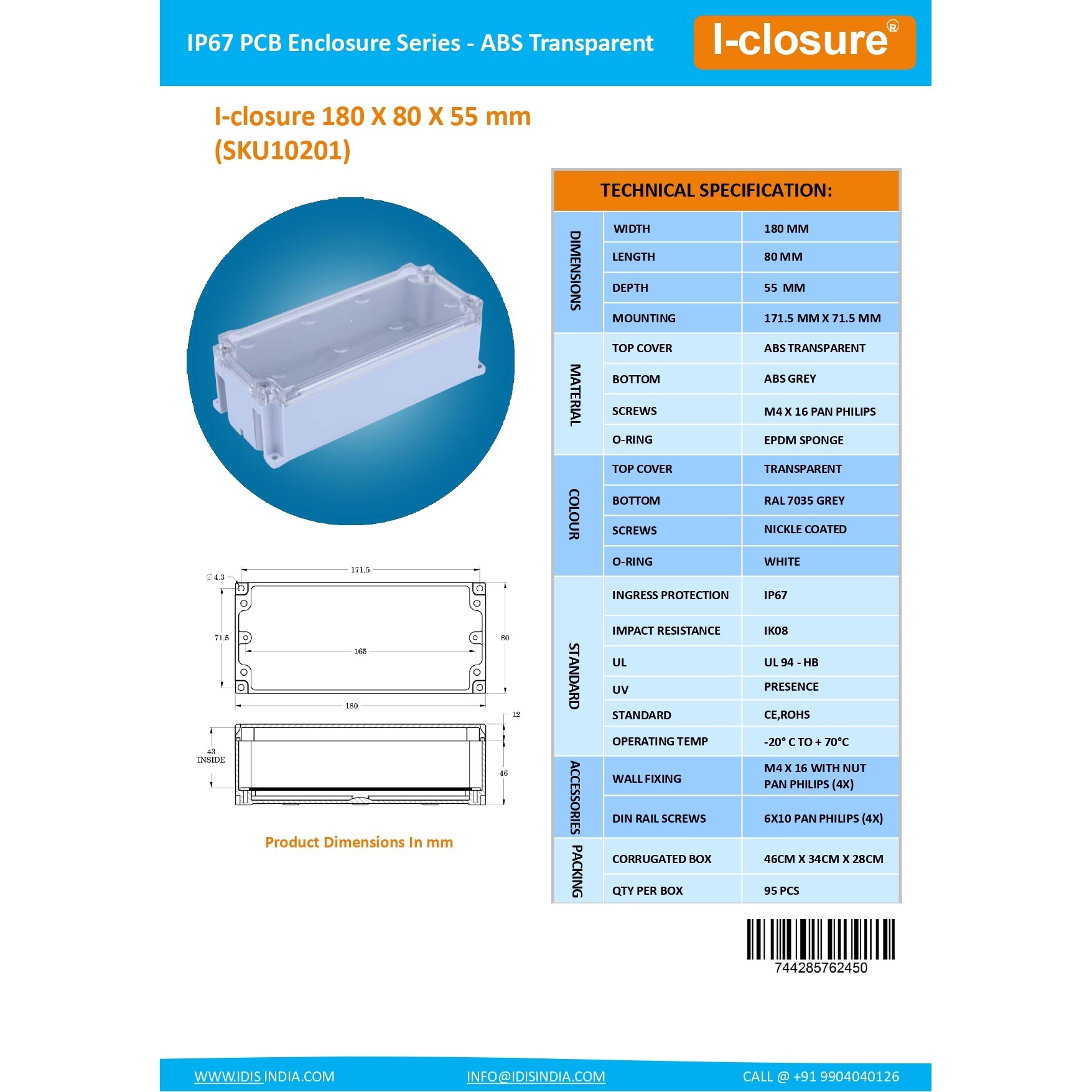 ABS Enclosure 180 x 80 x 55 mm Clear IP67