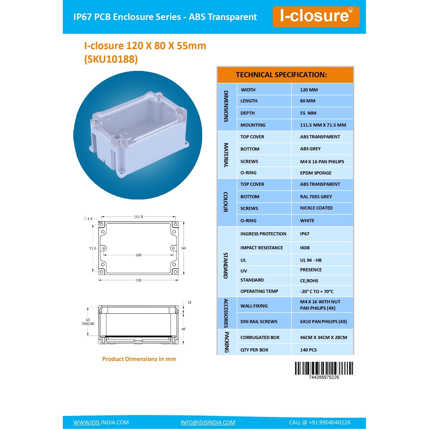 ABS Enclosure 120 x 80 x 55 mm Clear IP67