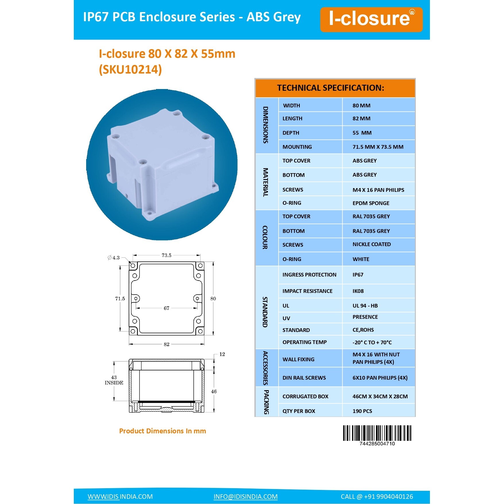 Abs Enclosure 80 X 82 X 55 Mm Grey Ip67 - Abs Virgin Material, 80 X 82 X 55 Mm, Ip65 Waterproof, 3 Mm Thick Wall, Easy Mounting, 1-year Warranty